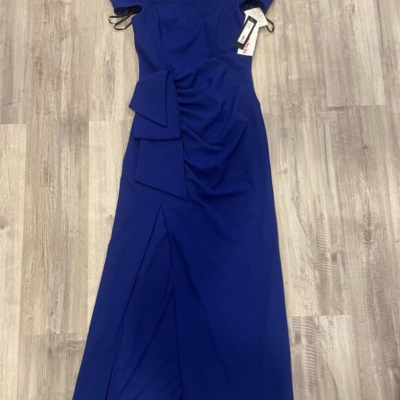 *NWT* Women's Long Off the Shoulder Xscape Scuba Crepe Slit Dress (Sz 10p) - Picture 3 of 9